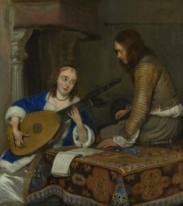 Woman plays lute, man stands nearby, child on table.